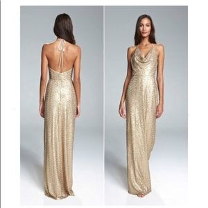 Amsale Honora gold sequin halter open formal bridesmaid size 6